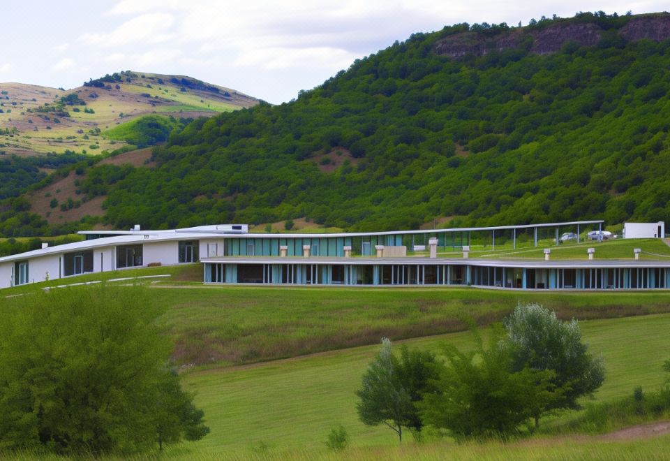 a modern building with a green roof is situated on a hillside , surrounded by trees and grass at Concept Hotel by Coaf