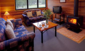 a cozy living room with a wooden floor , two couches , a fireplace , and a television at Girraween Environmental Lodge
