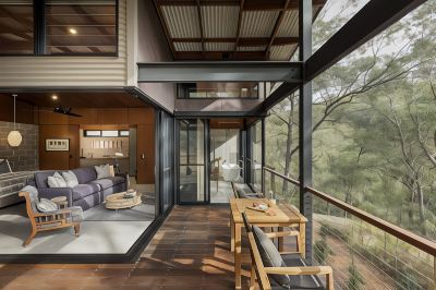 a modern house with a wooden deck , where a dining table and chairs are set up for a meal at Spicers Sangoma Retreat