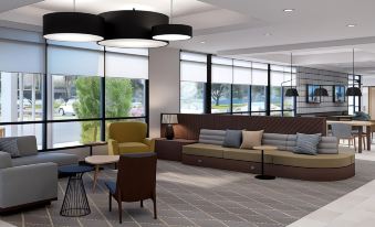 a modern hotel lobby with a large window , multiple couches , chairs , and a coffee table at Holiday Inn & Suites Hopkinsville - Convention Ctr