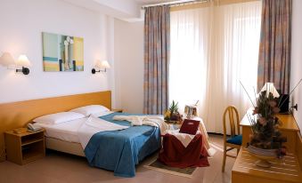 a hotel room with a bed , desk , and chair , as well as a window with curtains at Hotel Astoria