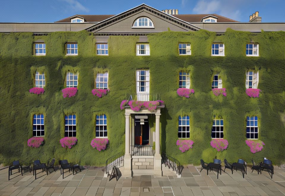 a building covered in green ivy with pink flowers , and a dog standing in front of the building at Angel Hotel