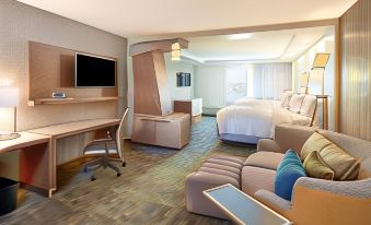 a modern hotel room with a bed , couch , desk , and tv , along with various amenities at Courtyard Rome Riverwalk