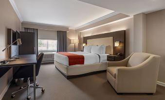a modern hotel room with a large bed , desk , and chair , as well as a window and table at Westminster Hotel