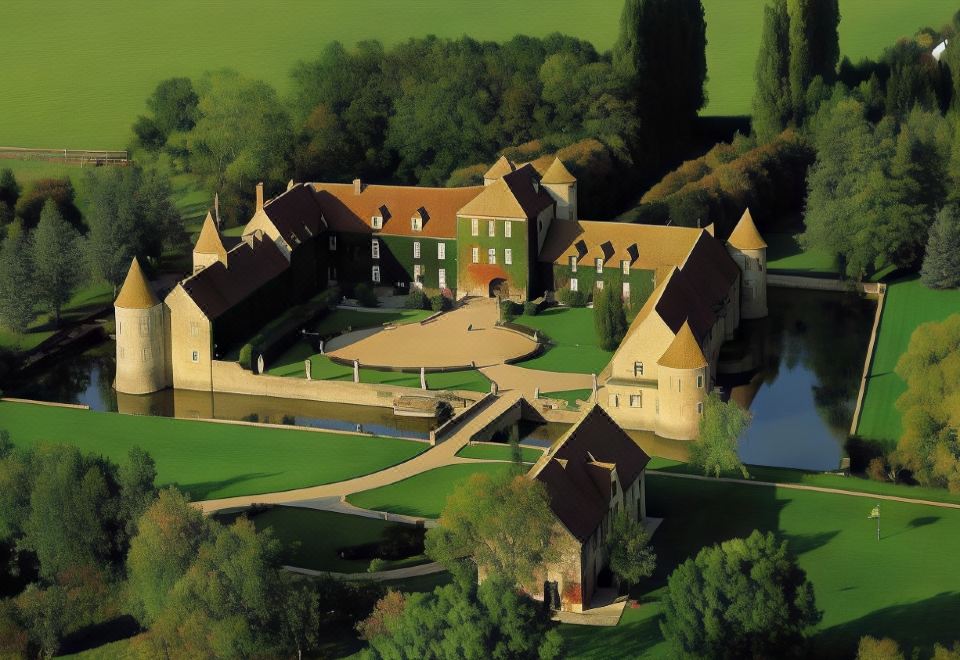 an aerial view of a large , castle - like building surrounded by trees and a body of water at Chateau de Villiers-Le-Mahieu