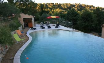 a large outdoor swimming pool surrounded by trees , with several lounge chairs and umbrellas placed around the pool area at La Roque