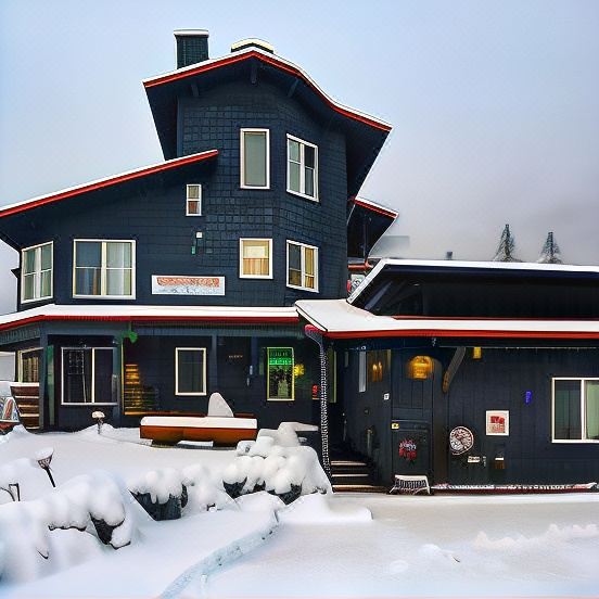 a large blue house with a red roof is surrounded by snow and has a wooden bench in front at Ski Inn
