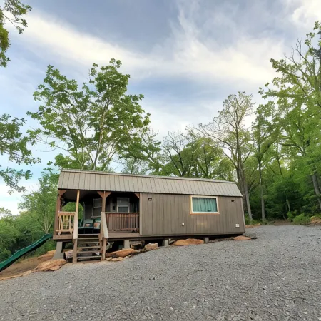 Cozy tiny cabin nested in the trees in a lake community, peaceful countryside.