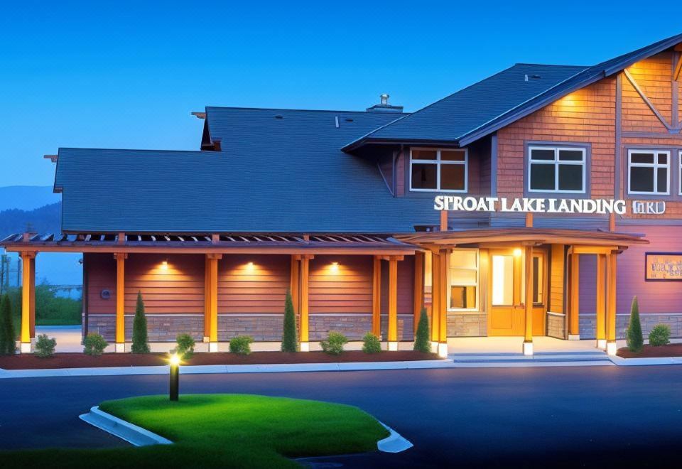 "a large building with a sign that reads "" sprout lake lodge "" prominently displayed on the front of the building" at Sproat Lake Landing Resort