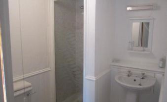 a bathroom with white walls and trim , a glass shower enclosure , and a white sink at Cwmbach Guest House