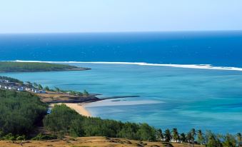 a scenic view of a coastline with clear blue water , sandy beaches , and palm trees at Constance Tekoma