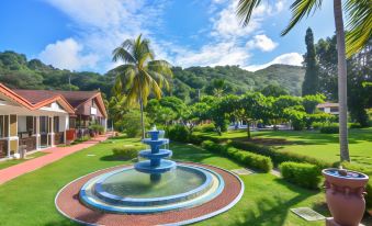 a large park with a fountain in the center surrounded by grass , trees , and houses at Berjaya Beau Vallon Bay Resort & Casino