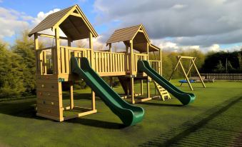 a wooden playground with a slide and play structure , surrounded by green grass and trees at King's Lynn Caravan & Camping Park