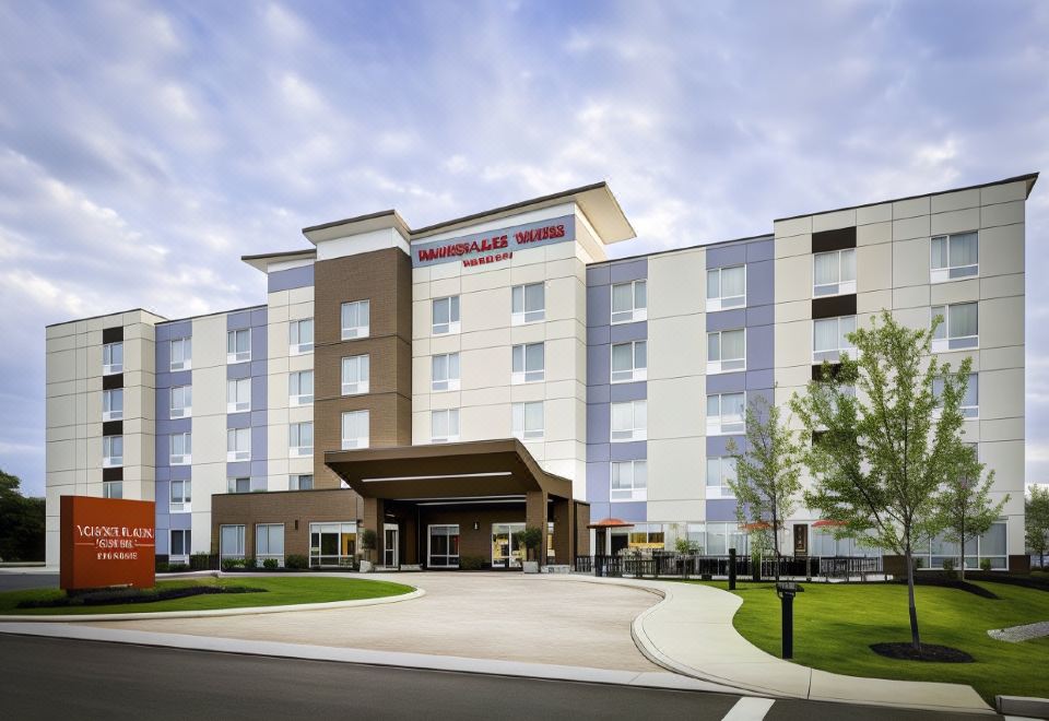 a modern hotel building with a large parking lot and trees , under a cloudy sky at TownePlace Suites Detroit Belleville