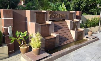 a large outdoor fountain surrounded by potted plants and trees , creating a serene and inviting atmosphere at Caspari Hotel