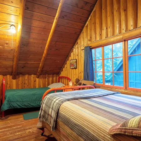 Laughing Bear Log Cabin, historical, sleeps 8, full kitchen, 2 dining areas!!