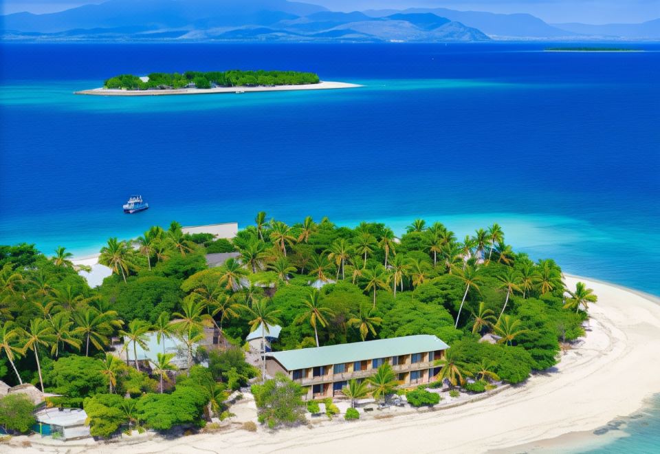 aerial view of a tropical island surrounded by water , with a few boats docked in the harbor at Beachcomber Island Resort