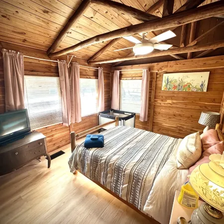 22 miles to Round Top, 3/2 w/ trailer parking, relaxing cozy cabin w/ lake, wifi
