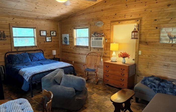 Buckeye cabin is nestled in the woods with access to the Little Missouri River.