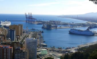 a bustling harbor with multiple boats , including ships and boats , docked in the water , and a city skyline in the background at Hilton Garden Inn Malaga
