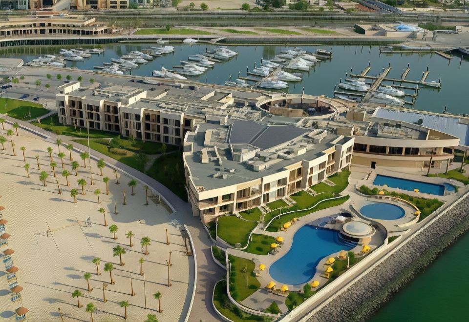 a 3 d rendering of a resort with multiple buildings , pools , and palm trees , set against the backdrop of a harbor at Marina Hotel