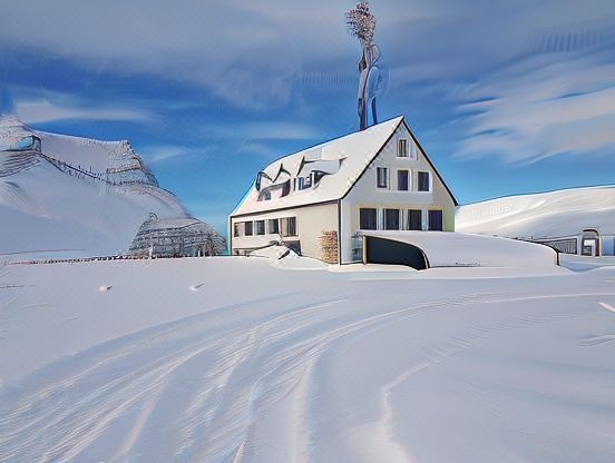 a white building with a radio tower on top is surrounded by snow and has a clear blue sky in the background at Holt Inn