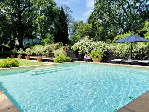 Downtown St. Helena retreat with pool, bocce ball and privacy. Permit #PL23-019