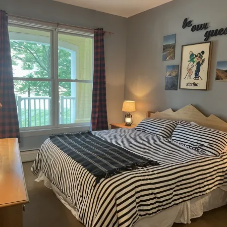 5 minute walk to lifts and Stratton Village! Cozy fireplace with a private patio