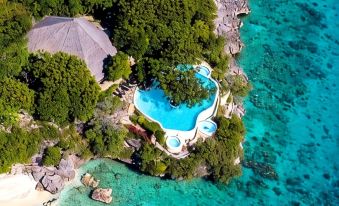 aerial view of a resort surrounded by water , featuring a large pool and tropical trees at Bluewater Sumilon Island Resort