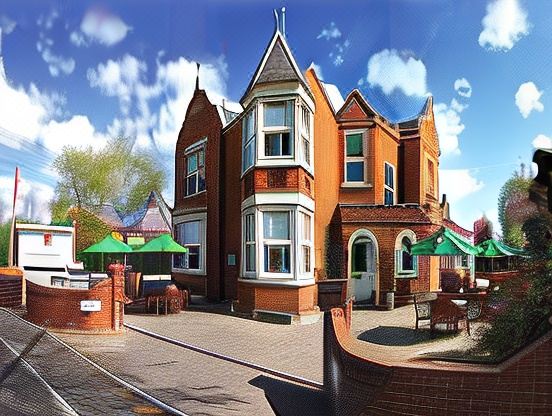 a large red brick house with a green awning is surrounded by potted plants and benches at Woodlands Hotel