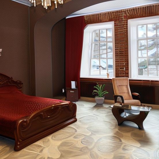 a large bed with a wooden headboard is in the middle of a room with a window at Imperial
