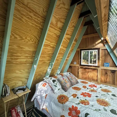 Charming A-frame cabin set in the woods overlooking deep wooded ravines.