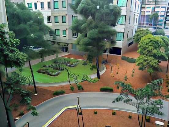 an aerial view of a city street with buildings , trees , and a winding road leading to a park at The Snug