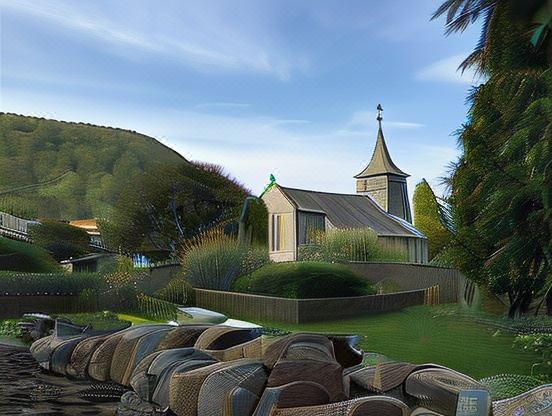 a church with a steeple is nestled in a green field , surrounded by trees and bushes at Grapes Hotel, Bar & Restaurant Snowdonia Nr Zip World