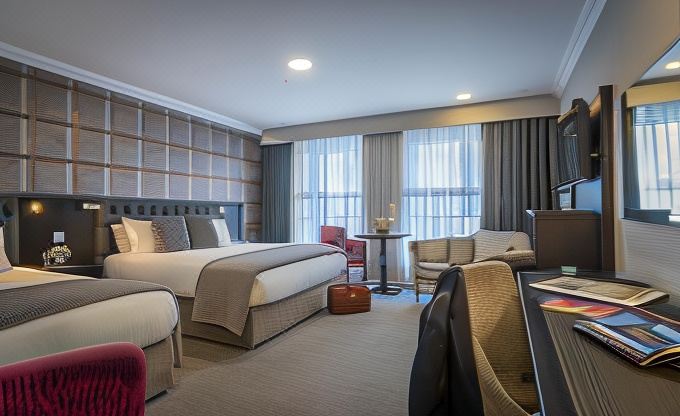 a modern hotel room with a large bed , couch , and dining table , as well as a view of the city outside at Talbot Hotel Wexford
