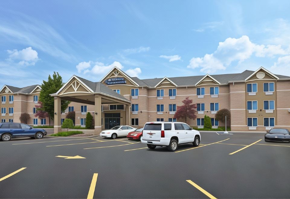 a large building with multiple entrances , including a parking lot and an entrance to a shopping center at Comfort Suites