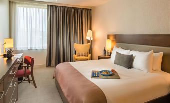 a hotel room with a large bed , two chairs , and a tv . the room is clean and well - organized at The Hotel at Oberlin