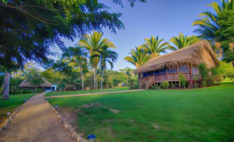 a grassy field with a small hut surrounded by palm trees , creating a serene and picturesque scene at Bocawina Rainforest Resort