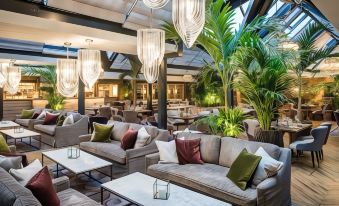 a modern lounge area with white furniture , green plants , and hanging lamps , set in an indoor environment with wooden tables and stone - like flooring at Grosvenor Pulford Hotel & Spa