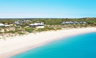 a beach with a few houses on the side and clear blue water in the background at Eco Beach Wilderness Retreat