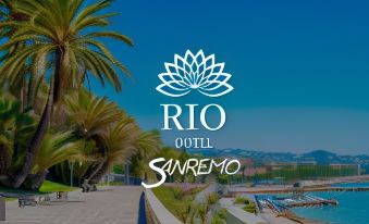 a promotional poster for the rio antilla hotel in san remo , italy , with palm trees and a blue sky in the background at Hotel Rio Sanremo