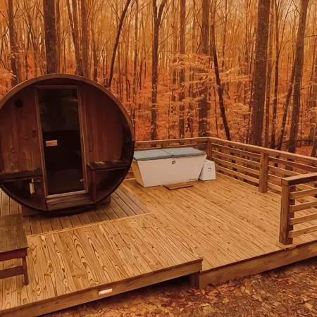 2 Cabins + Treehouse 50 Acres, FirePit, Sauna, Cold Plunge, Hot Tub, Petting Zoo