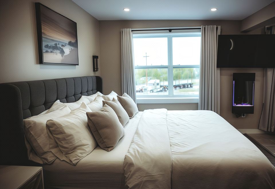 a large bed with white linens and multiple pillows is situated in a room with a window , television , and a view of the city at Riverside Suites