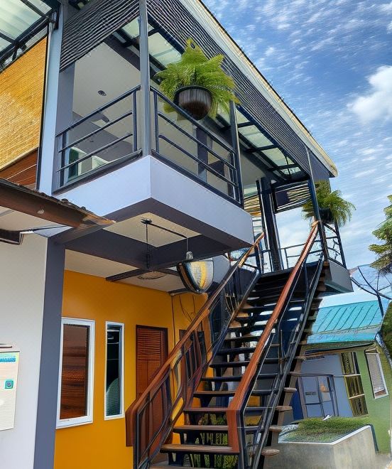 a modern , two - story house with a yellow exterior and a balcony filled with plants , situated next to a blue roof at The One House