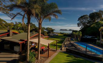a large outdoor area with palm trees , grass , and a pool is shown in the image at Anglers Lodge
