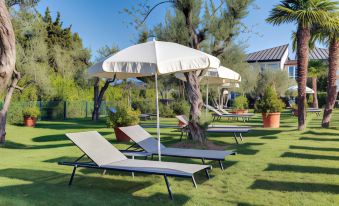 a lush green lawn with several lounge chairs and umbrellas set up for people to relax and enjoy the outdoors at Hotel Caesius Thermae & Spa Resort