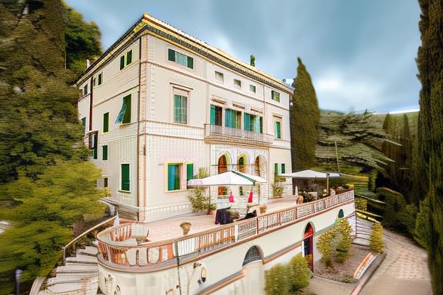 a large white building with green shutters and a terrace , surrounded by trees and a stone bridge at Villa Alta - Residenza d'Epoca Con Piscina