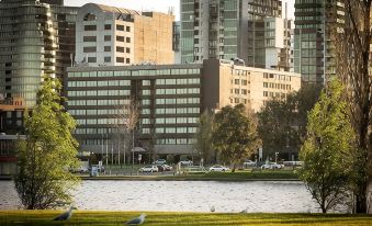 a city park with a large building in the background and a lake in the foreground at Pullman Melbourne Albert Park