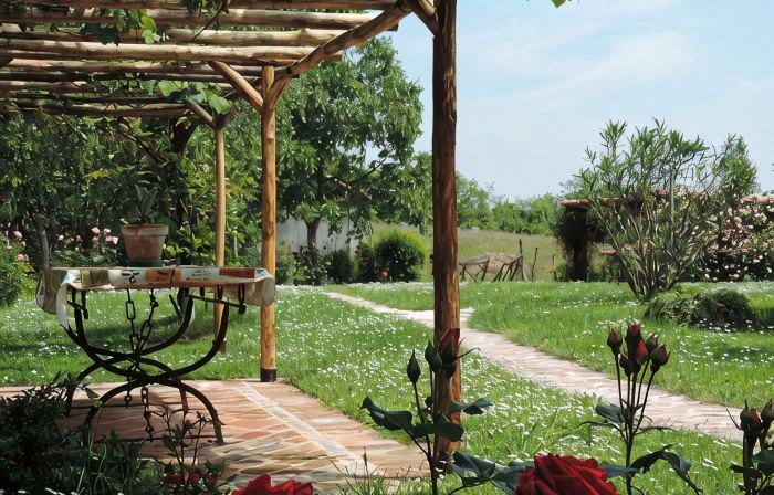 Isolated on hill, flat with terrace,garden among romanesque art,quiet,nature