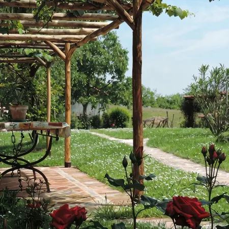Isolated on hill, flat with terrace,garden among romanesque art,quiet,nature